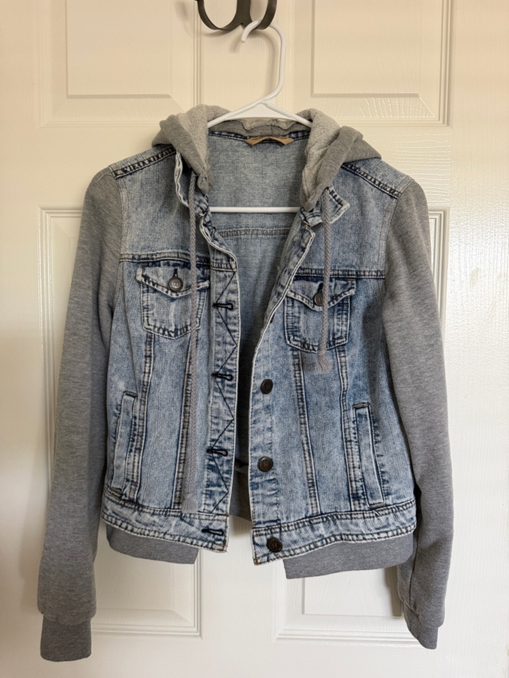 Highway Jeans Light Wash Blue Denim Jacket with Gray Hoodie Sleeves